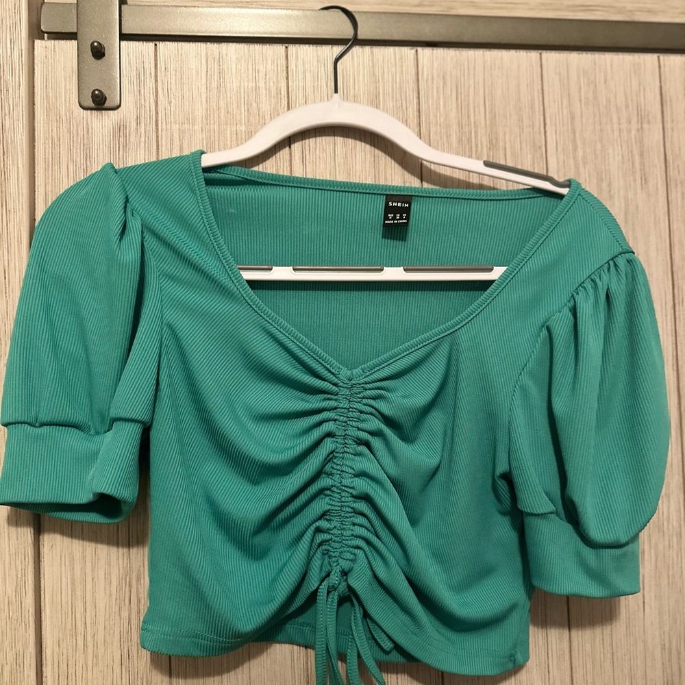 SHEIN Teal/Green Ruched Puff Sleeve Top